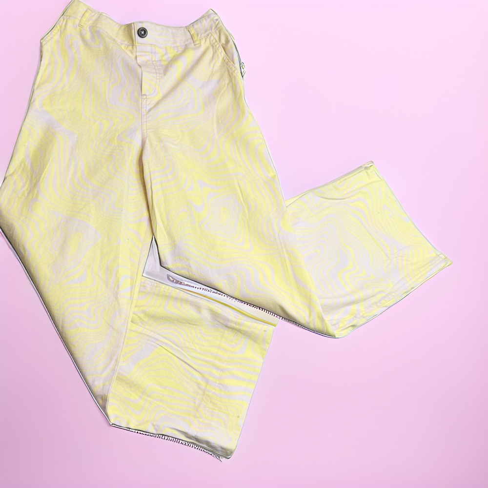 Wild Fable Wide Leg High Waist Pants XS Fun Yellow Swirl Print Elastic Back NEW‎